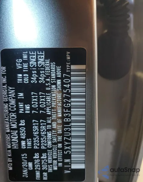 2015 Hyundai Santa Fe Sport z USA, uszkodzony, nr VIN 5XYZU3LB3FG275407